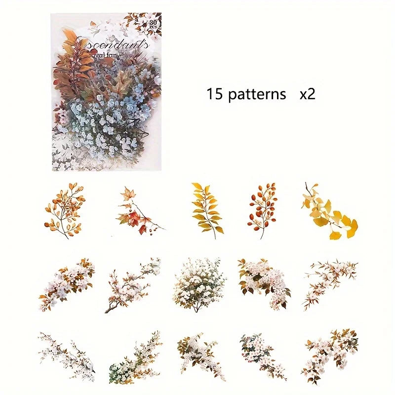 30 Pcs/Pack Vintage plant flowers PET waterproof sticker for DIY scrapbooking Journal Photo Album Decoration Materials Stickers