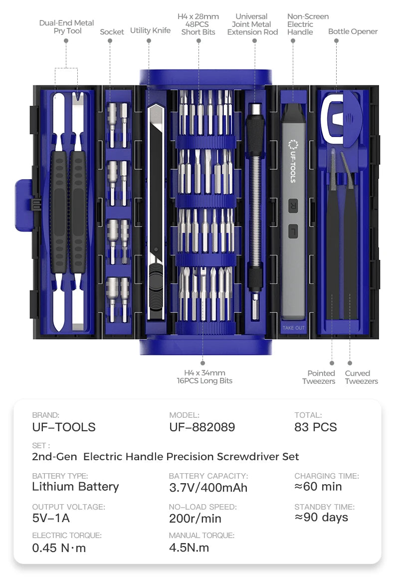 83 IN 1 Precision Electric Screwdriver Set Cordless 4 Levels Adjustable Comes Fill Light Rechargeable For IPhone Watch Camera PC