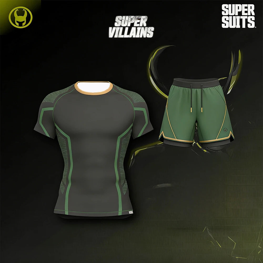 Super Villain Hero Loki Odison T-Shirt Set Summer New Men's Tight Fitness Set Breathable Speed Drying Running MMA Fighting Set