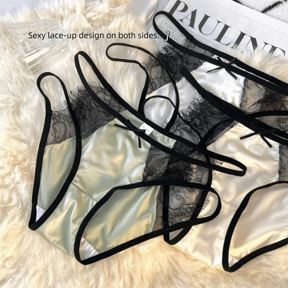Cute Low Waist Underwear for Women Bow Transparent Sweet Lace Panties Hollow Mesh Satin Silk Briefs Female