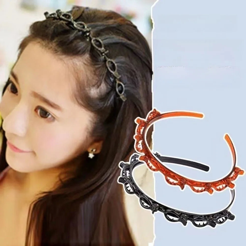 Adjustable Headband with Clips Double Bangs Hoop Design Multi Layer Toothed Braid Tool with 8 Clips Hair Styling Accessories