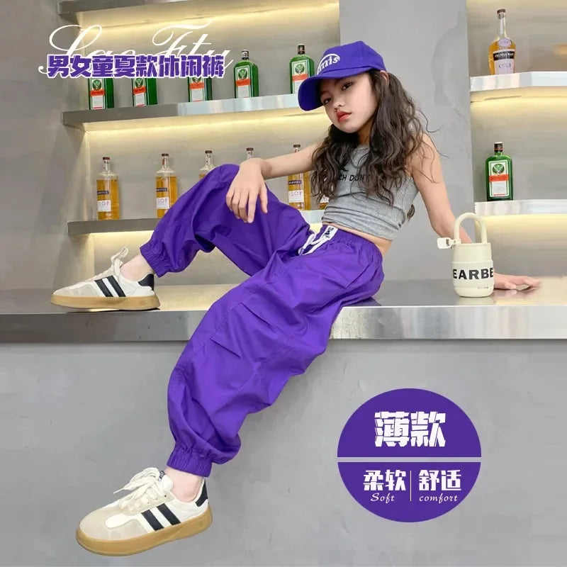 5-14Y Kids Hip Hop Joggers Pants Girls Cargo Pants Teenage Straight Trousers High Waist Vintage Casual Streetwear Baggy Pants
