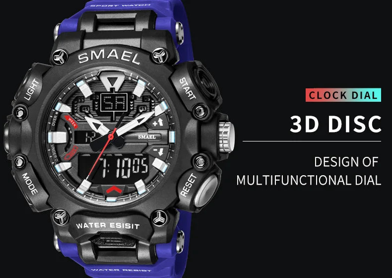 Military Watch Sport Waterproof 50M Stopwatch Analog Digital Wristwatches Week Display Alarm Clock 8053 Digital Watches Mens