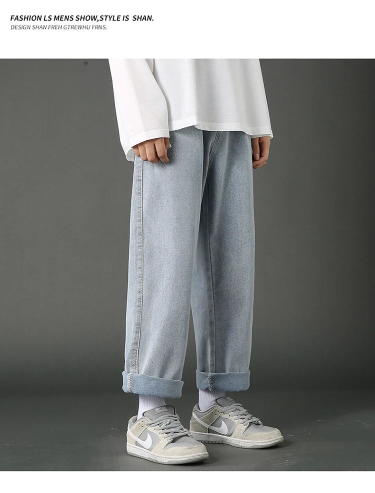 New Street Casual Baggy Jeans Men's Korean Fashion Hip Hop Straight Wide Leg  Trousers Couple Denim Pants Black Light Blue
