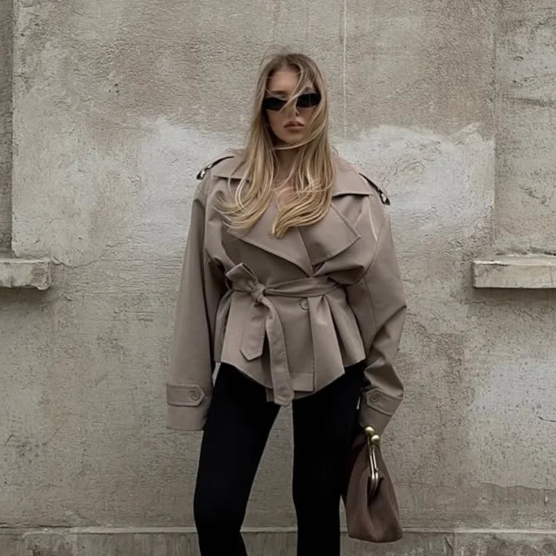 Solid Belted Waist Short Trench Coat Women Chic Wide Lapel Epaulet Detail Loose Long Sleeve Coats Fall Daily Commuter Outerwear