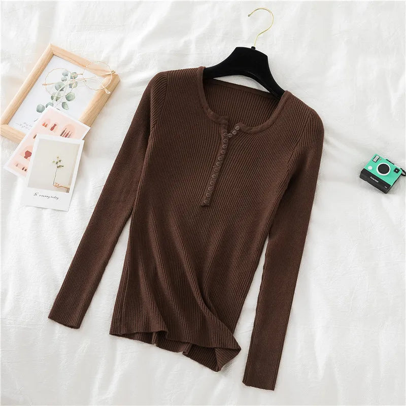 2026 Autumn Winter Button V Neck Sweater Women Basic Slim Pullover Women Sweaters And Pullovers Knit Jumper Soft Warm Tops