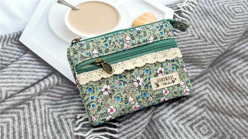 New Fashion Flower Multi-layer Cotton Fabric Coin Purse Women Card Wallet Small Change Bag Retro Canvas Female Hand Purses Pouch