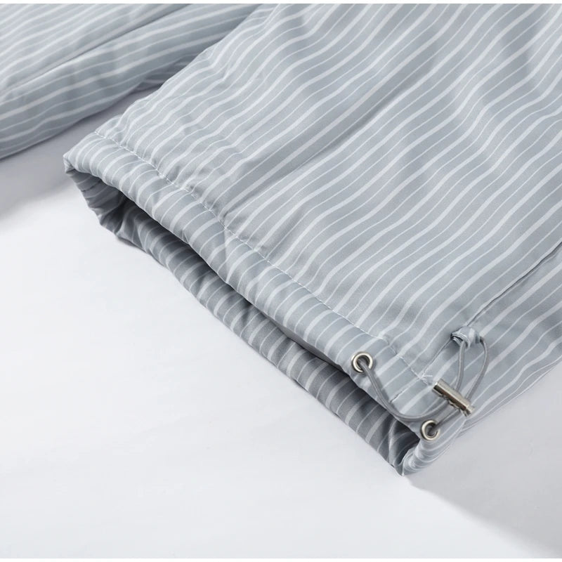 Chic Striped Hooded Puffer Coat Set Women Quilted Full Sleeve Zip Jacket Wide Leg Pants 2026 New Lady Autumn Winter Warm Outfit