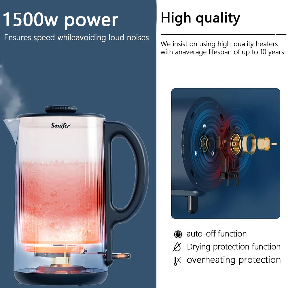 304 Stainless Steel Electric Kettle Household Double Wall Design 1.7L 1500W Cordless Frosted Housing