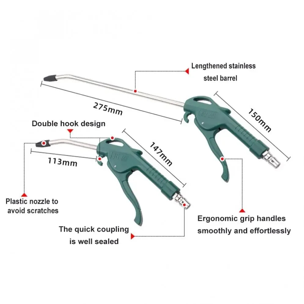 Pneumatic Air Blow Gun Set, Short & Long Nozzle for Heavy Duty Dusting, High Pressure Compressed Air Duster for Workshop