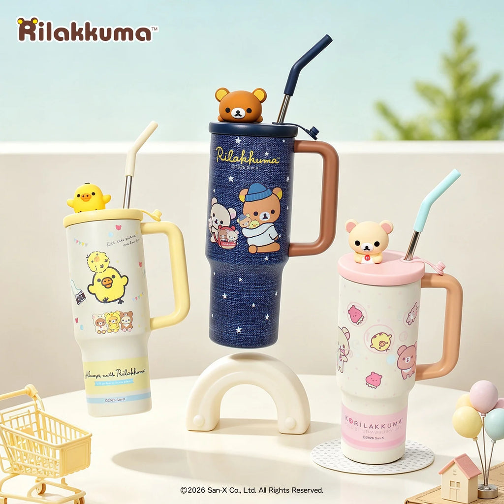 Rilakkuma Stainless Steel Tumbler Large Capacity Insulated Water Cup With Straw Cartoon Portable Travel Drinking Mug