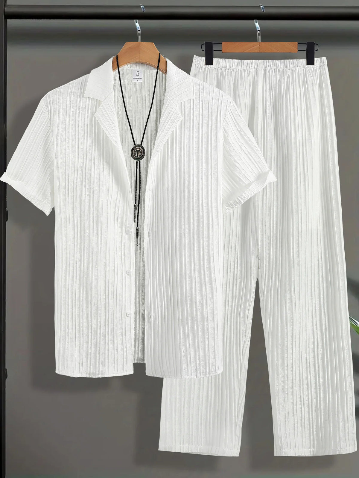 Men's Vertical Striped Texture Cuban Collar Two-Piece Set: Short-Sleeve Button-Up Shirt + Elastic Waist Straight-Leg Pants, Casual Vacation Style Summer Daily Outfit for Men