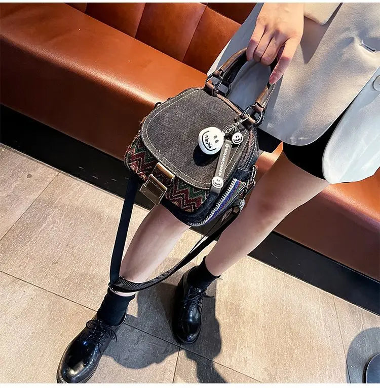 Denim Small Backpack  New Contrast Color Women Bag Retro Ethnic Style Embroidered Multifunctional Bagpack Crossbody Bolsa