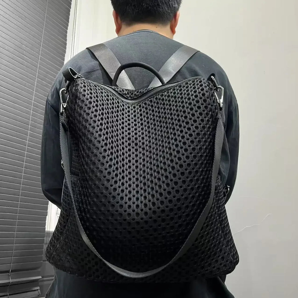Mochila retro com costuras, moderna e de grande capacidade, saco de ombro casual em rede, ideal para as deslocações diárias