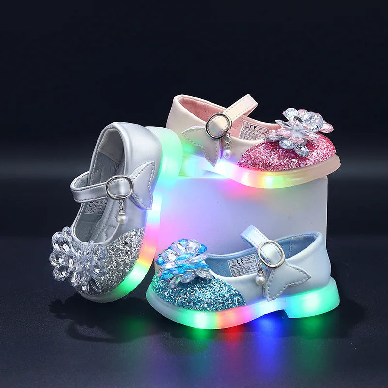 Kids'Casual Shoes Girls Led Light PU Leather Spring Fashion Crystal Flat Bottom Anti-slip Soft Bottom Blue Pink Silver