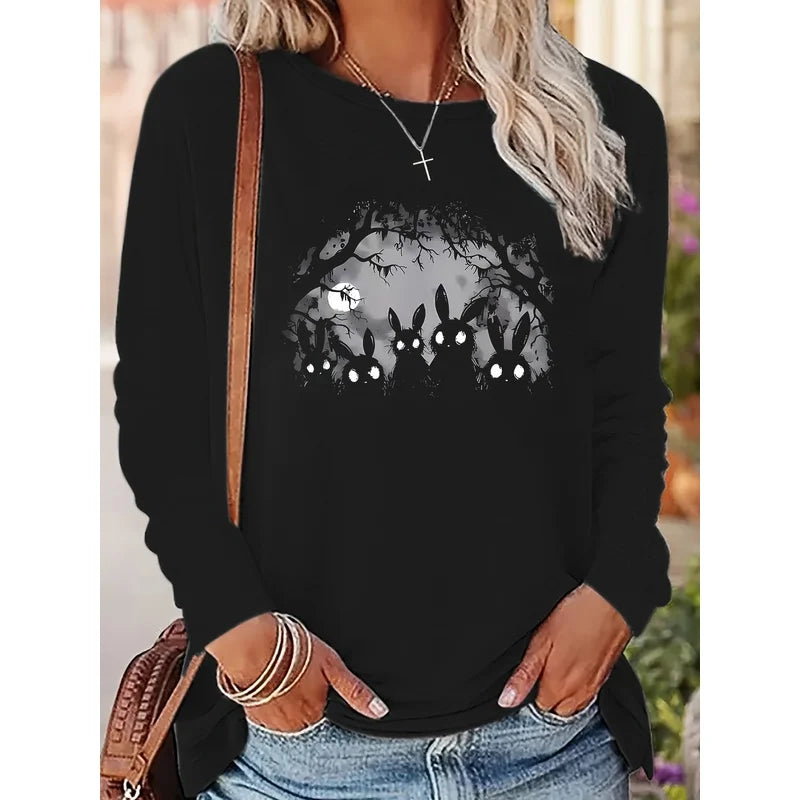 Women's T-Shirt - Gothic Rabbit Print, Casual Round Neck Long Sleeve Top, Machine Washable - All-Season Wear,