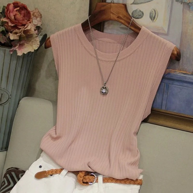 zjaiss 2026 Summer New Fashion Knitted Vests O-neck Sleeveless Casual Thin Tops Sleeveless Blouse Women Shirt
