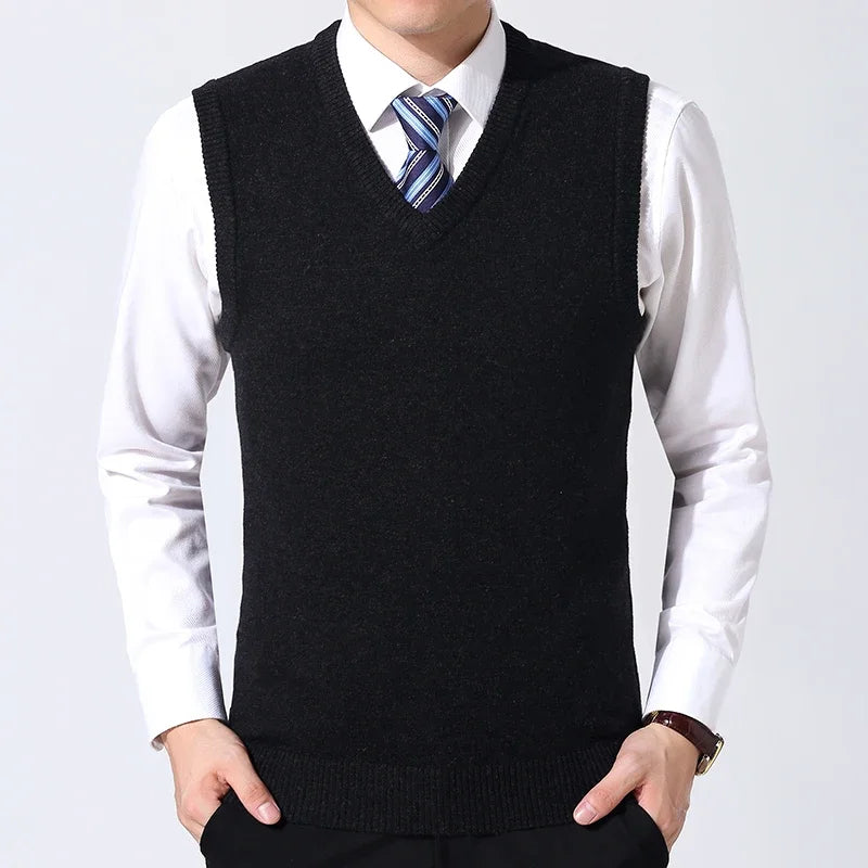 2026 Autumn Winter New Men's Solid Color V-neck Knitted Vest Casual Fashion Warm Sweater Versatile Top