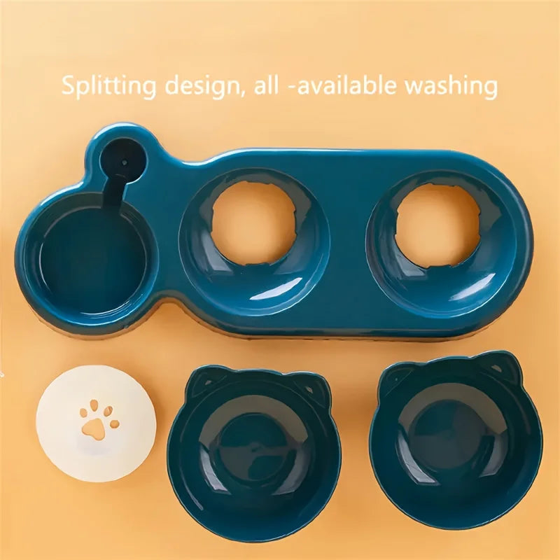 Three In One Cat Feeding Station, Durable Plastic Food And Water Bowls, Cute Cat Ear Design, Suitable For Two Cats To Eat