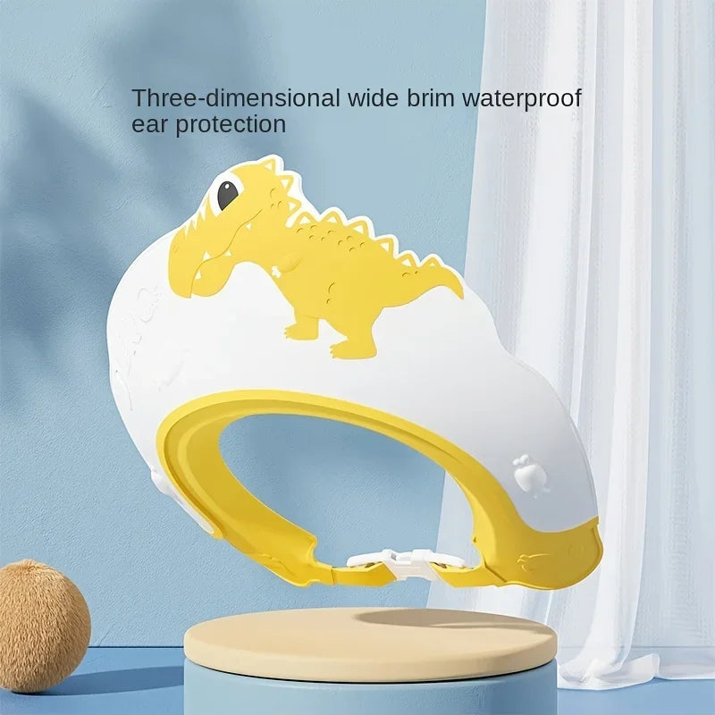 Gorro de Champô Impermeável de Borracha Macia para Bebé Artefacto de Banho para Criança Gorro de Lavagem de Cabelo com Proteção Auricular Ajustável Padrão de Dinossauro