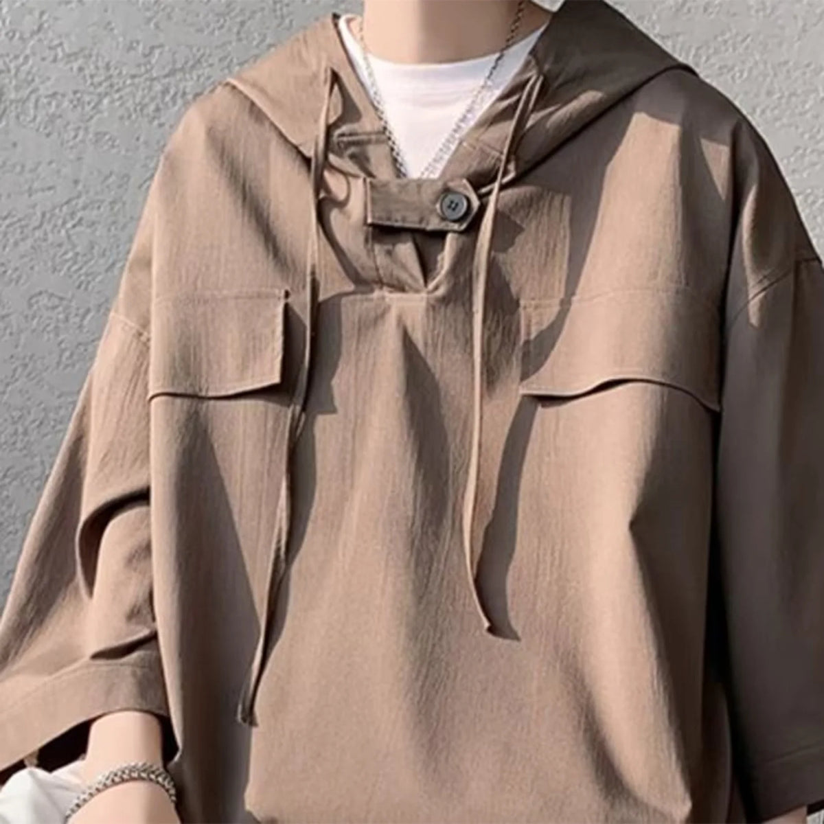 Summer Hooded T shirt Men Korean Half Sleeve Pullover Streetwear Loose T-shirt Tops Drawstring Men Clothing