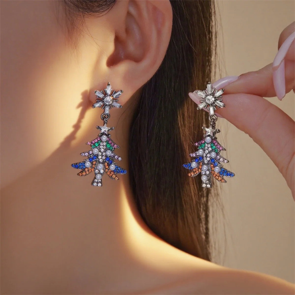 Christmas Earrings Rhinestone Imitation Pearl Snowflake Xmas Tree Star Bell Drop Holiday Dangle Party Jewelry Gift For Women Men