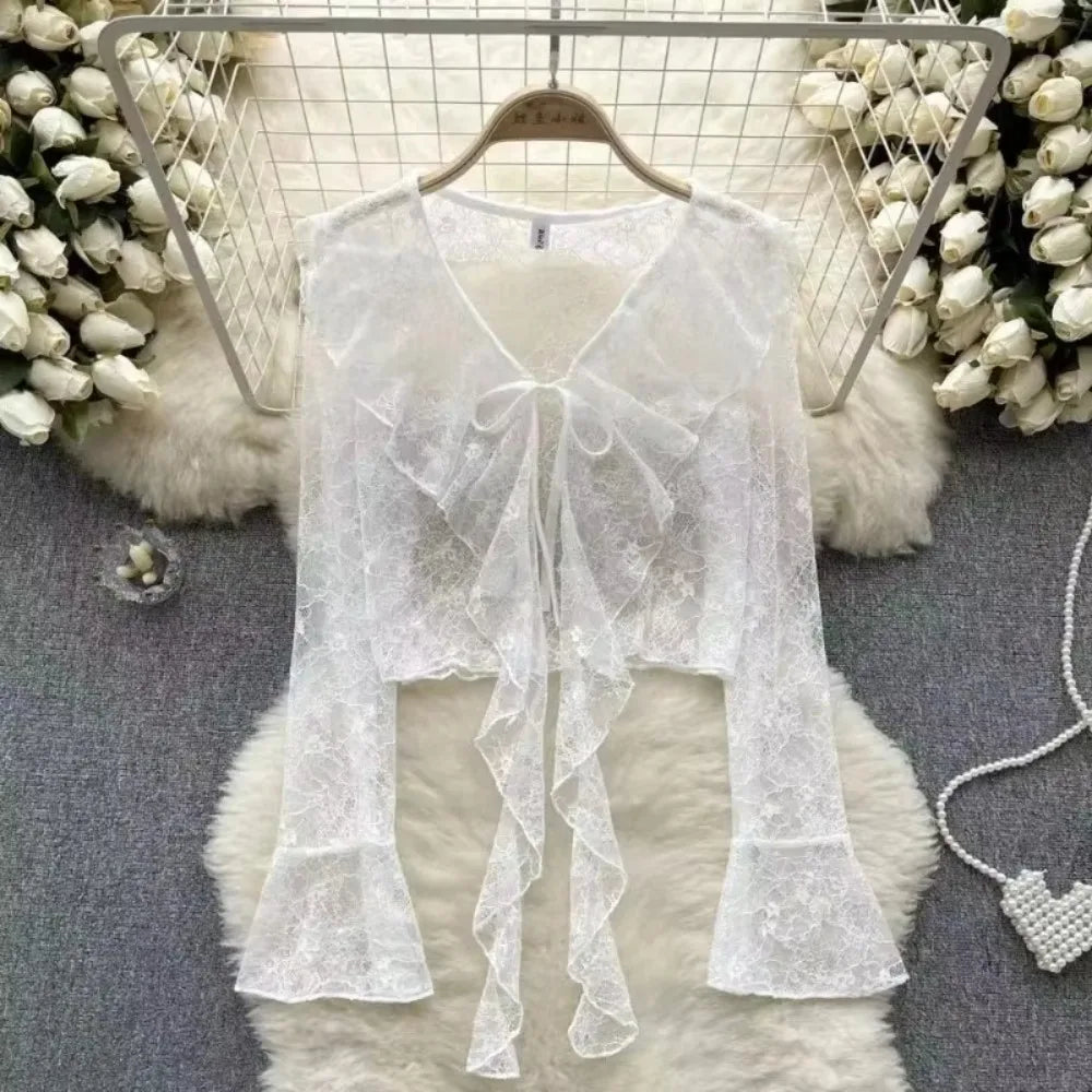 Women's Lace Cover Up Cardigan Cropped Tie Front Bell Sleeves Blouse Lightweight Shawl Jacket Outwear Blouse For Covers Clothing