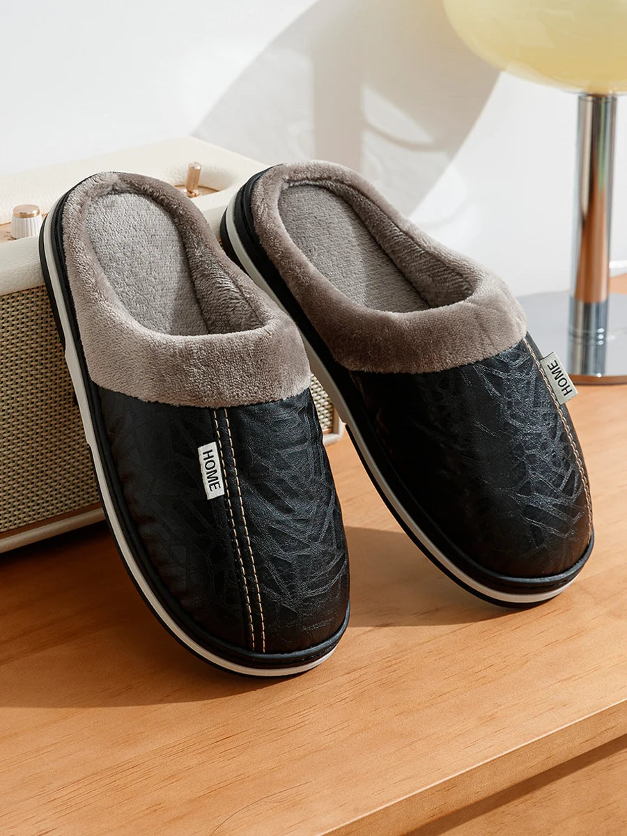 Pu Leather Big Sizes Men slippers Indoor Fur Flat Men's Winter Home Slipper Cotton Bedroom House Shoes