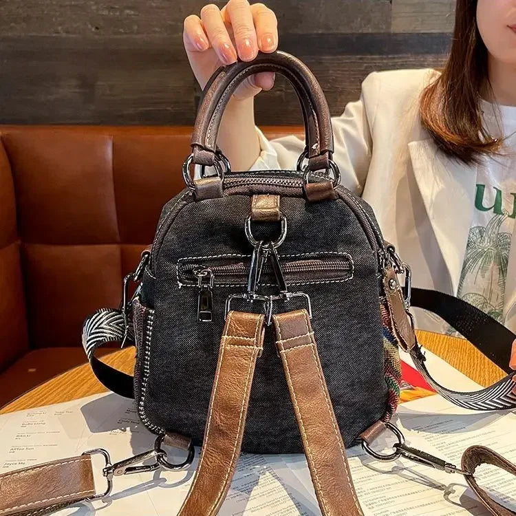 Denim Small Backpack  New Contrast Color Women Bag Retro Ethnic Style Embroidered Multifunctional Bagpack Crossbody Bolsa