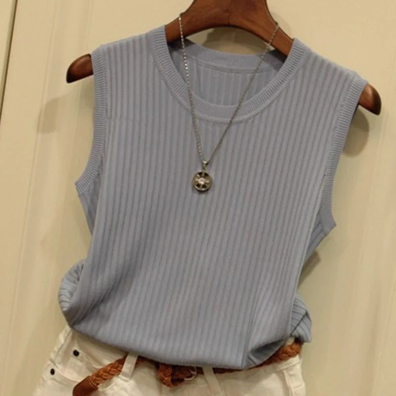 zjaiss 2026 Summer New Fashion Knitted Vests O-neck Sleeveless Casual Thin Tops Sleeveless Blouse Women Shirt