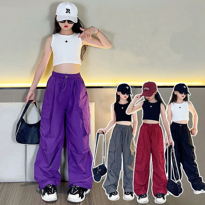 5-14Y Kids Hip Hop Joggers Pants Girls Cargo Pants Teenage Straight Trousers High Waist Vintage Casual Streetwear Baggy Pants