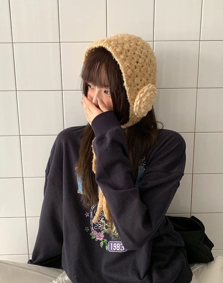 Sweet And Lovely Three-Dimensional Flower Knitted Handmade Women's Autumn And Winter Atmosphere Warm Earmuffs