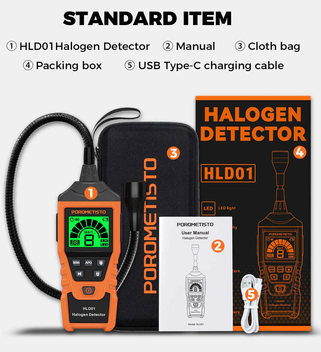 HLD01 Halogen Gas Leak Detector Rechargeable Level/Audio/Visual Alarms LED Light R134a R22 R12 High Sensitivity Gas Sensor Test