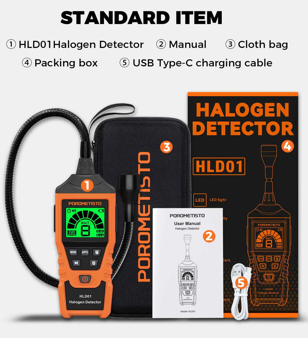 HLD01 Halogen Gas Leak Detector Rechargeable Level/Audio/Visual Alarms LED Light R134a R22 R12 High Sensitivity Gas Sensor Test