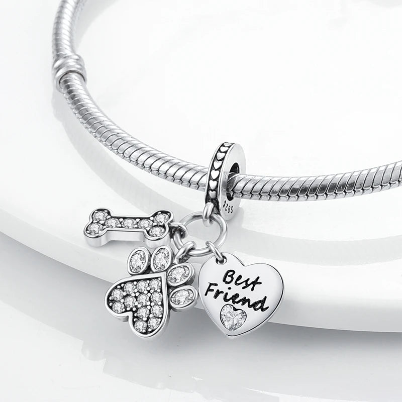 Dog Pet Charms 925 Silver Doggy Paw French Bulldog Bones Beads Fit Original Bracelet DIY Fine Jewelry
