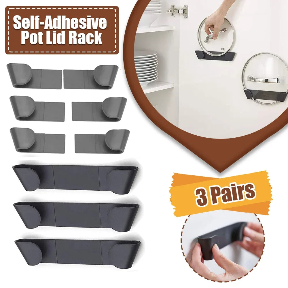 3 Pairs Self-Adhesive Pot Lid Organizer Rack Wall-Mounted No Punching Household Kitchen Storage Holder Pan Lid Pot Cover Racks