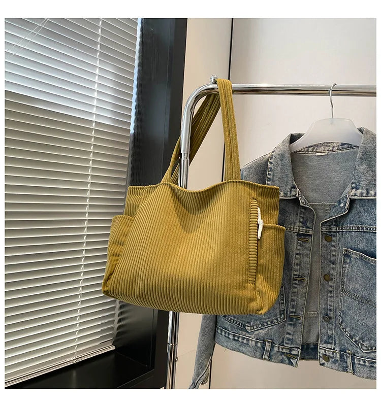 Corduroy Women Bag Fashionable Large Capacity Handbag Shoulder Bag Versatile Artistic Retro Student Class Bag with Zipper Pocket