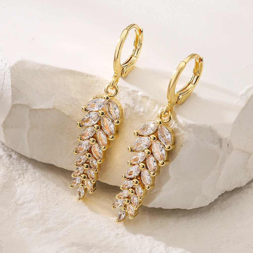 NEWBUY White/Green/Mix Colors Crystal AAA CZ Leaf Earrings For Elegant Women Gold Color Copper Wedding Jewelry Femme Bijoux