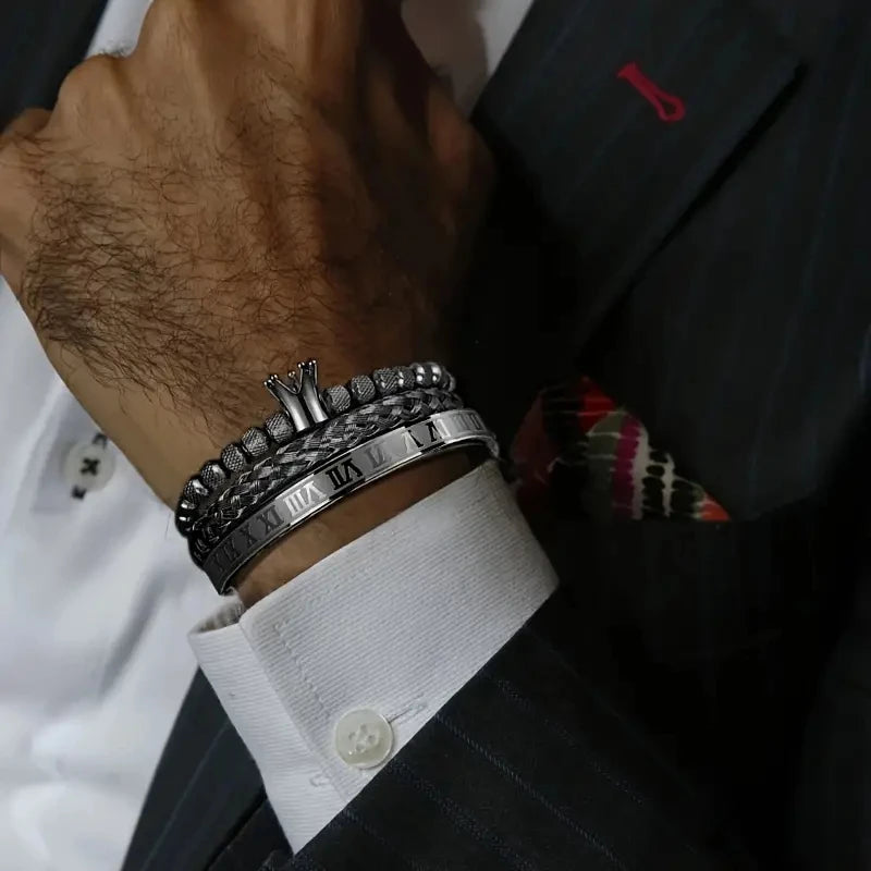Luxury Roman Royal Crown Charm Bracelet Men Stainless Steel Geometry Pulseiras Men Open Adjustable Bracelets Couple Jewelry Gift