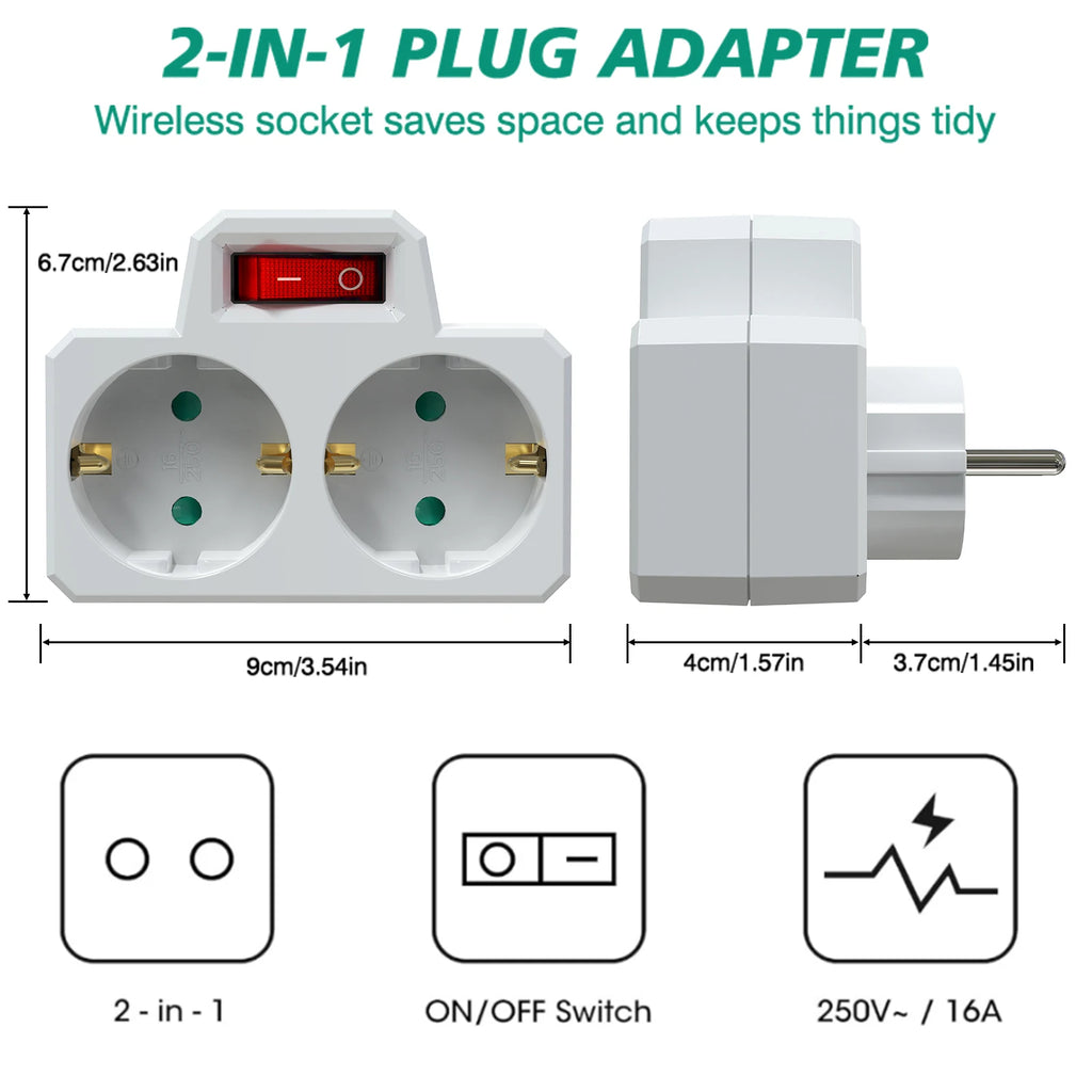 Double Plug Socket Adapter Schuko EU Conversion Plug With Switch ON/OFF German Standard Multiple Socket 3680W Extension Outlet