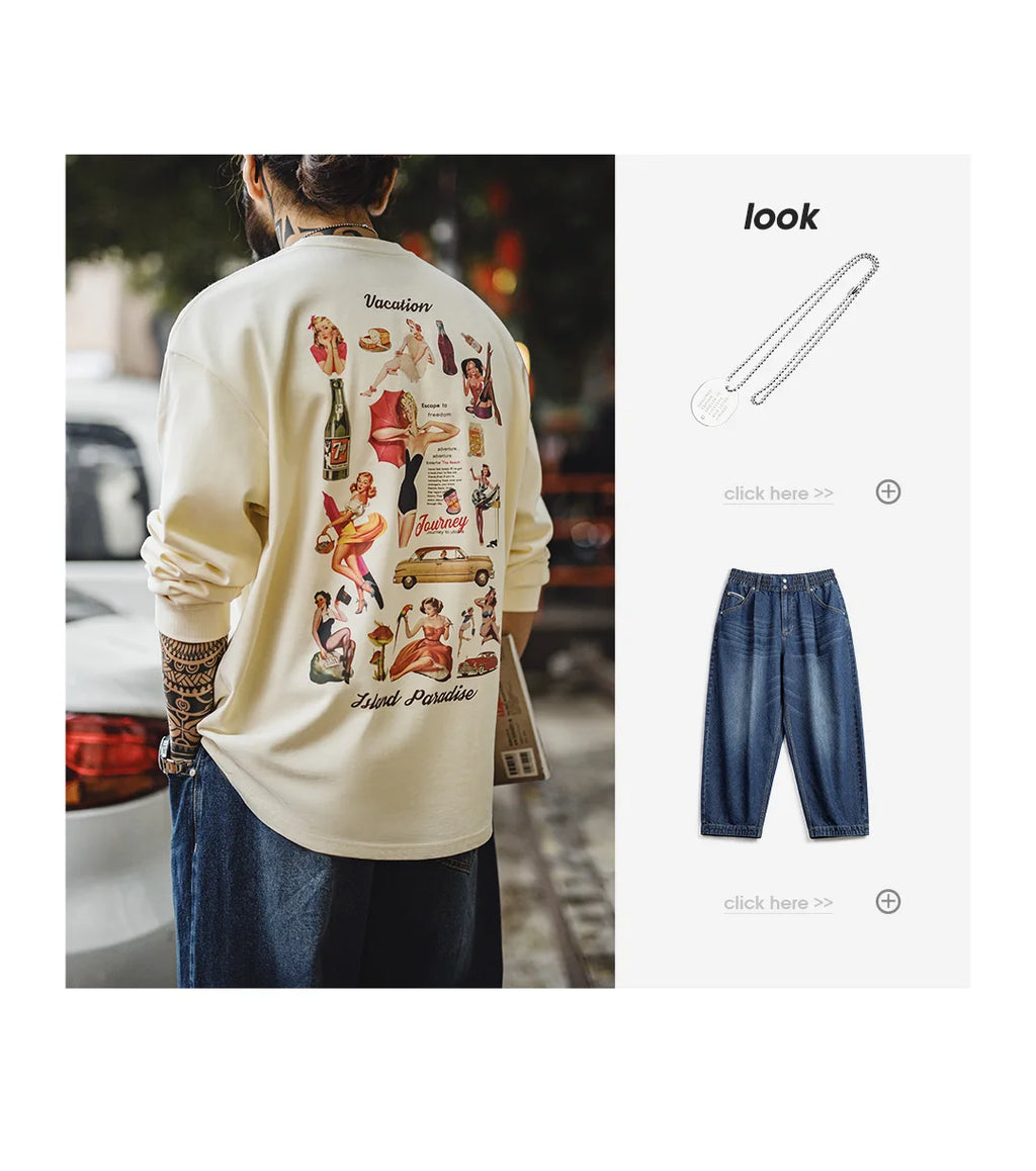Maden Vintage Back-Printed Long-Sleeve T-Shirt Loose Casual Round-Neck Pullover for Men's Spring and Fall 60's Street-Style Tops