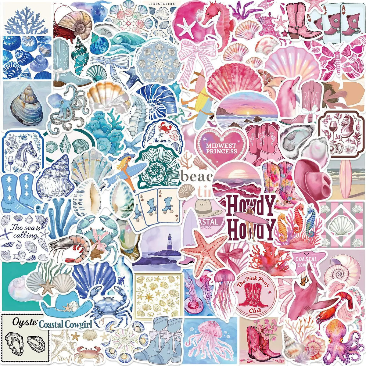 50/100PCS Blue & Pink Coast Aesthetic Graffiti Stickers Decor Guitar Notebook Luggage DIY Stationery Books Waterproof Stickers