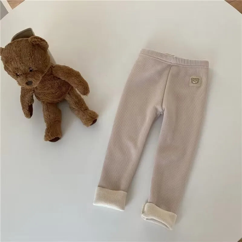 Autumn Girl's Leggings Fleece Lined Kid's Trousers Cartoon Bear Elastic Skinny Warm Pants for Girls