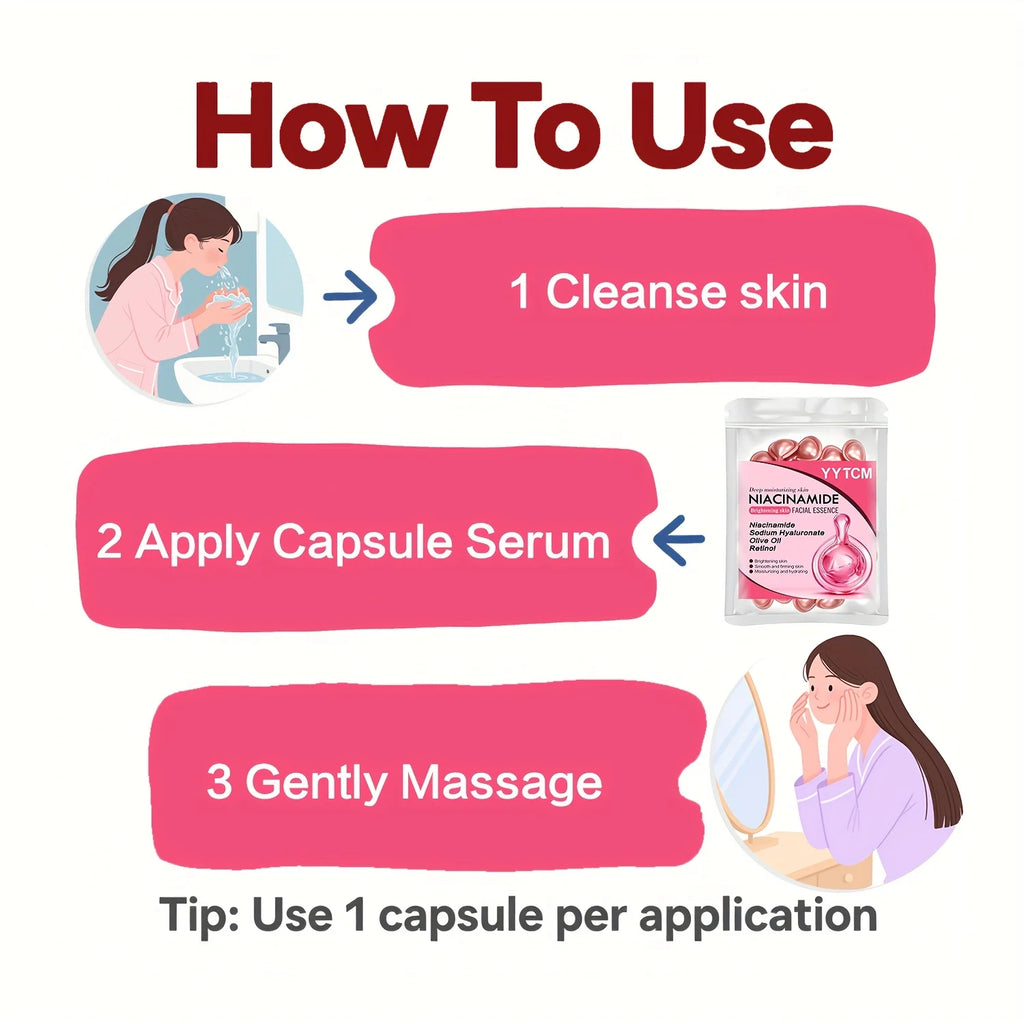Niacinamide Facial Essence Capsules, Containing Retinol, Olive Fruit Oil, Gardenia Extract, Brighten Skin Tone, Moisturize and Hydrate, Smooth and Refine Skin (0.5Gx30 Capsules)/Bag-1 Bag