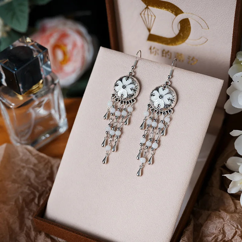 Vintage Ethnic Style Metal Tassel Water Drop Earrings for Women Round Drop Glaze Crystal Beads Handmade Earring Female Jewelry