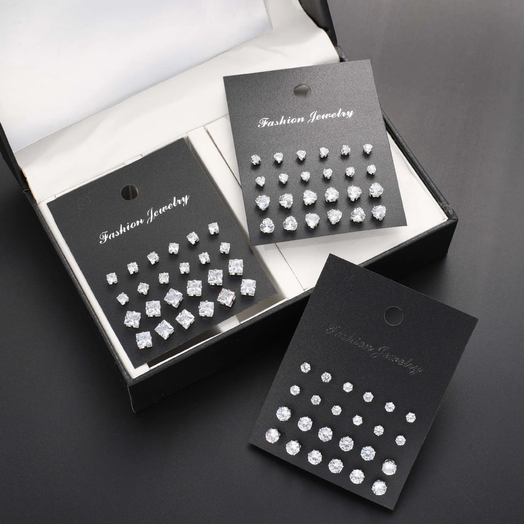 Geometric Six-Claw Heart-Shaped Crystal Zircon Basic Set Ear Studs Vintage Elegant 36 Pairs Unisex