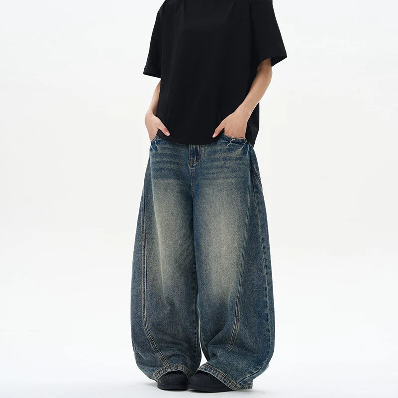 2025 Spring New Men's Jeans Oversized Wide Leg Pants Loose Vintage Patchwork Lightning Cracked Denim Trousers Streetwear Male