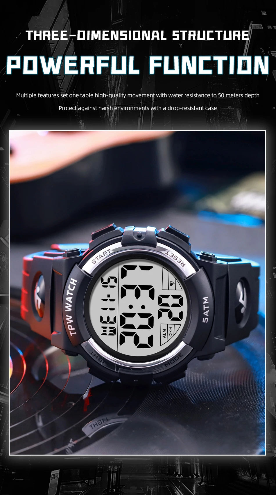 TPW Digital Watch with Big Numbers 5ATM Water Resistant Day Date Alarm Function Adventure Watch