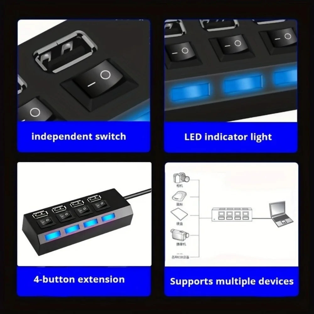 4/7 Port USB 2.0 Hub with Switch and LED High Speed Multi Splitter Expander Adapter For PC Laptop Desktop Computer Accessories
