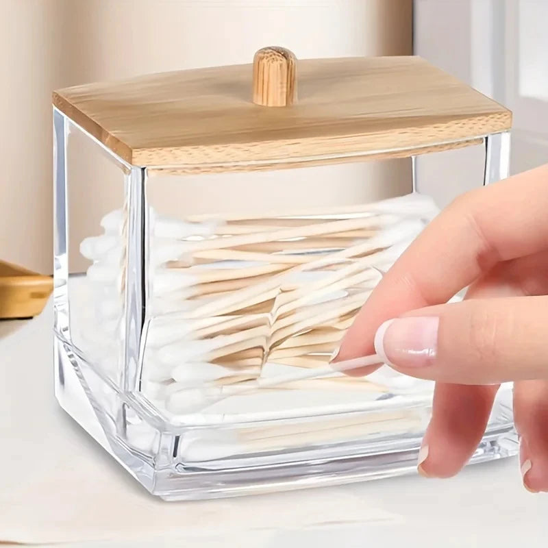Cotton Swab Storage Box Double Head Wood Baby Cotton Swabs Transparent Square Bamboo Cover Cotton Buds Toothpick Organizer
